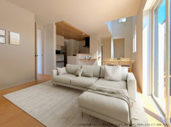 日当たりサンサンのリビングです。吹抜けもあって開放感もございます。角地につき通風も良好です。