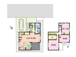 ７号棟・間取図です。
３ＬＤＫ（リビングの一部に小上り和室）
豊富な収納と石畳風のお庭。家族のコミュニケーションが取れるリビングin階段です。
