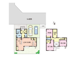【１号棟】３ＬＤＫ＋小上り、家事導線の取れた間取と下屋収納＋主寝室にＷＩＣと豊富な収納もございます。
広い敷地で、２台駐車＋駐輪場も問題ございません。