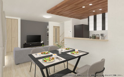 内観パースです。キッチンの折下げ天井が素敵に生活を彩ります。家族の顔が見渡せるキッチンです。